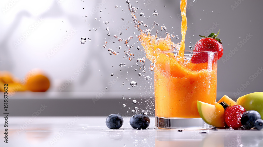 Poster vibrant splash of orange juice in glass with fresh strawberries, blueberries, and apple slices, crea