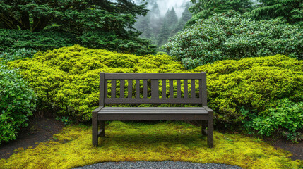 Rustic bench surrounded by lush greenery and mossy garden path creates serene atmosphere