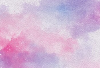 A watercolor painting of a sky with clouds and a pink and purple background
