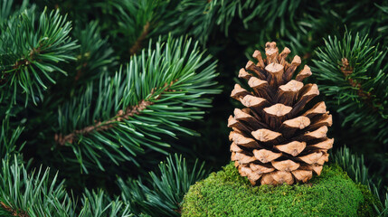 Beautiful pinecone rests vibrant green moss, surrounded by lush pine branches, evoking serene
