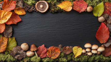 Autumn leaves, mushrooms, moss, and natural elements create vibrant frame