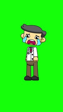 Crying Chibi Doctor Animation with Teary Eyes, Loop Cartoon on Green Background