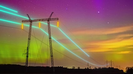 Electricity flow animation through transmission lines during aurora borealis. Timelapse - Powered by Adobe