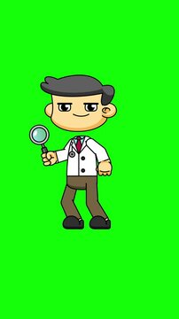 Searching Doctor with Magnifying Glass, Chibi Style Loop Animation on Green Background