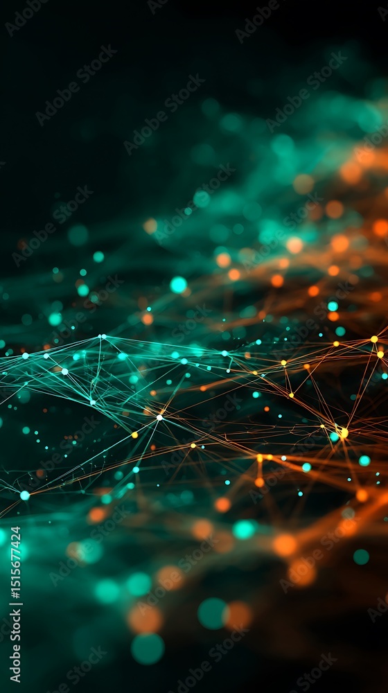 Poster abstract network of turquoise and orange lines and nodes on a dark background art