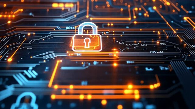 Cybersecurity Digital Fortress, Data Protection, Network Security padlock symbol on circuit board computing
