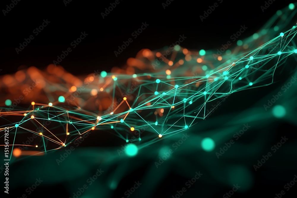 Poster abstract network turquoise and orange nodes with connecting lines on a black background