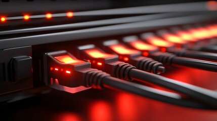 Close-up view of network ethernet ports with glowing red lights.
