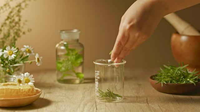 An empty glass measuring jug is placed in the middle of the table. A hand holds rosemary leaves and drops them into the jar, then pours water into it, causing the leaves to float on the surface.