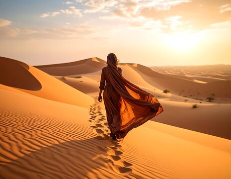 Woman in desert at sunset