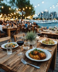 Fototapeta premium Local Artisan Market Day Outdoor dining with wine and delicious meals.