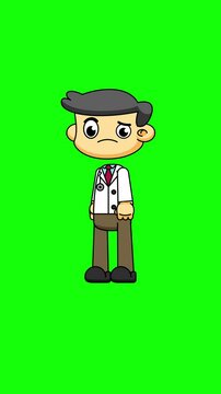 Thinking Doctor with Hand on Chin, Chibi Character in Loop Greenscreen Animation