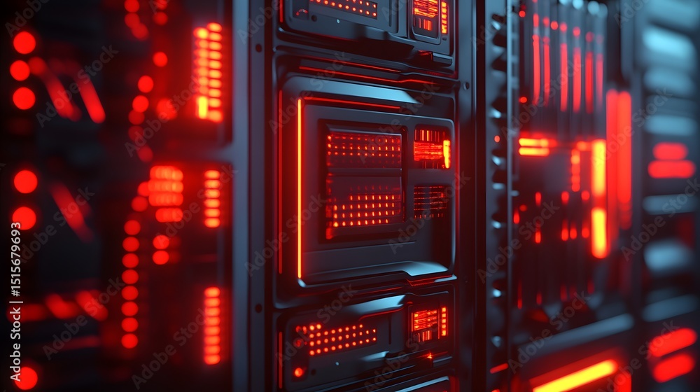 Poster close-up view of glowing server racks.
