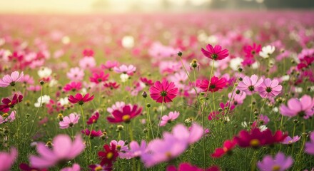 Fototapeta premium Flowering Field with Pink Cosmos at Sunrise for Springtime Concept