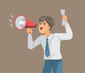 Attention! A businessman is shouting through a loudspeaker