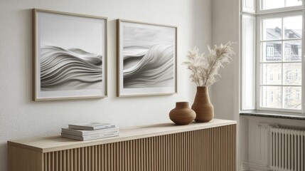 Two framed monochrome abstract art pieces on a light wooden console table.