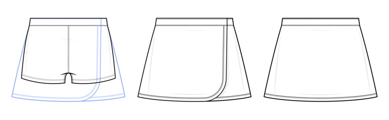 Classic Tennis Skirt with Built-In Shorts Technical Fashion Illustration. Active Skort Vector Template. Front and Back View. Clean Waistband. Lightweight Activewear. CAD Mockup Set.