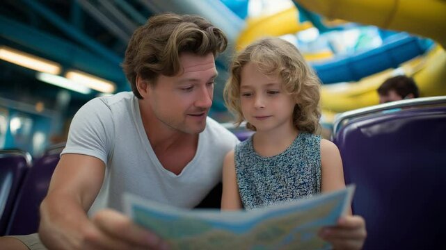 A joyful child exploring an amusement park map with an adult