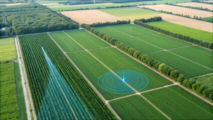 Aerial View of Farmland with Digital Twin Technology Overlapping
