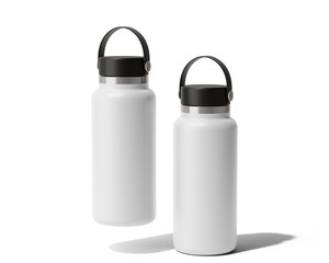 Blank Empty White Hydro Flasks Dew Bottle, Sport Water Bottle Packaging Isolated On Transparent Background, Prepared For Mockup, 3D Render.