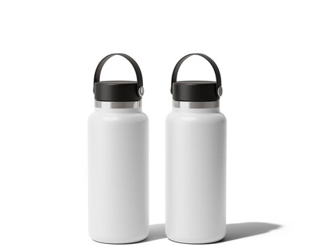 Blank Empty White Hydro Flasks Dew Bottle, Sport Water Bottle Packaging Isolated On Transparent Background, Prepared For Mockup, 3D Render.