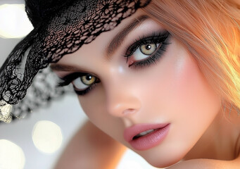 Woman with long blonde hair and green eyes is wearing a black hat. She has a pink lip color and her eyes are closed
