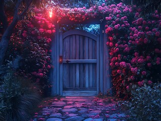 Mystical garden gate entrance with vibrant floral adornment and ethereal glow