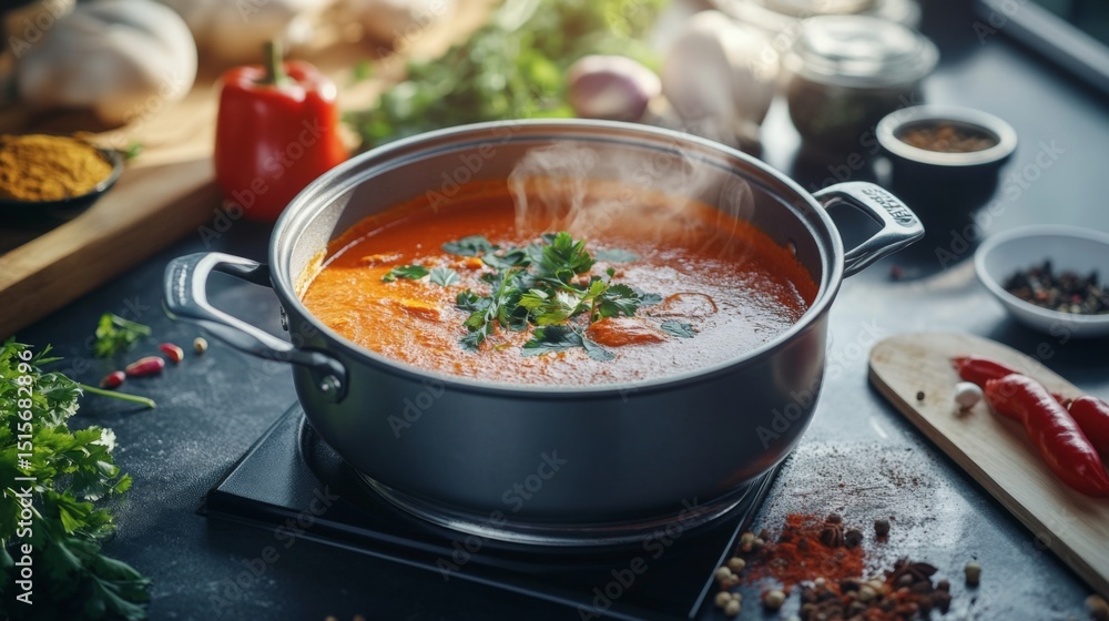Poster An artistic shot of a pot of fragrant curry simmering on the stove, with colorful spices and herbs arranged around it, creating a rich culinary experience.