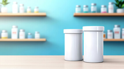 Set of white prescription medicine bottles on wooden table with blue background  