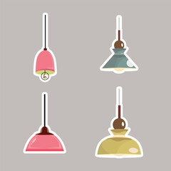 Set of four decorative hanging pendant lamps in pink, gray, and yellow tones. Modern lighting designs perfect for interior decor, home, and cozy atmosphere illustrations.