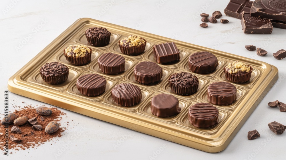 Poster Assorted chocolate pralines with intricate designs and fillings on a gold tray, surrounded by cocoa beans and chocolate shavings.