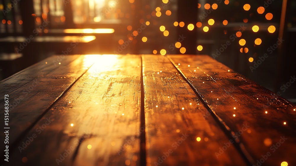 Poster rustic wooden table surface with warm light and festive bokeh background