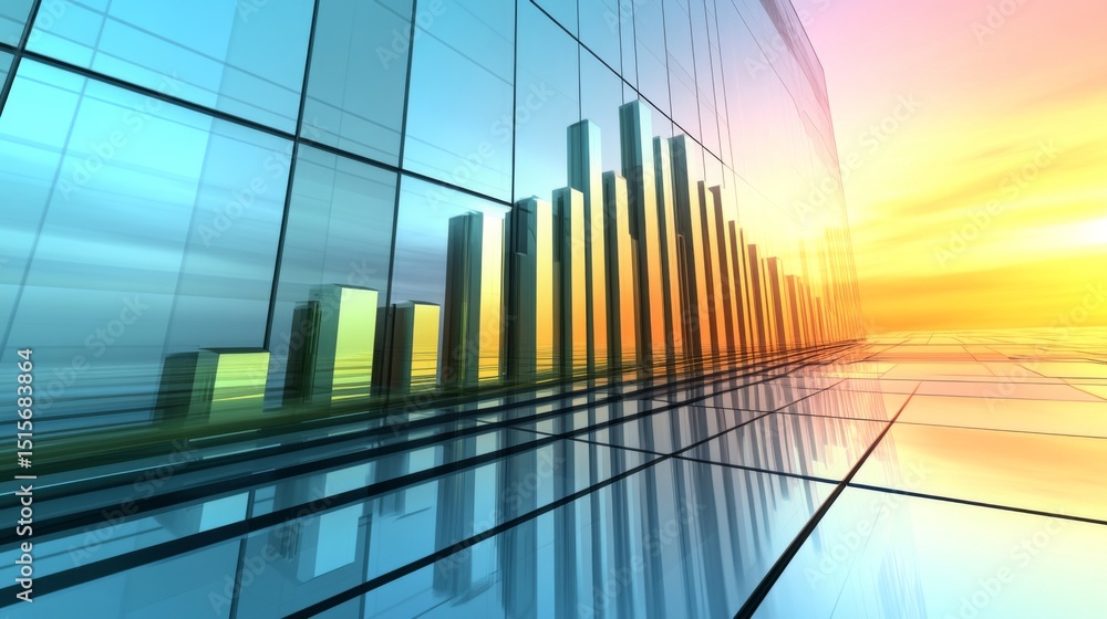 Aufkleber A D bar chart with rising, metallic bars in gradient shades, symbolizing growth and performance in a sleek, futuristic environment