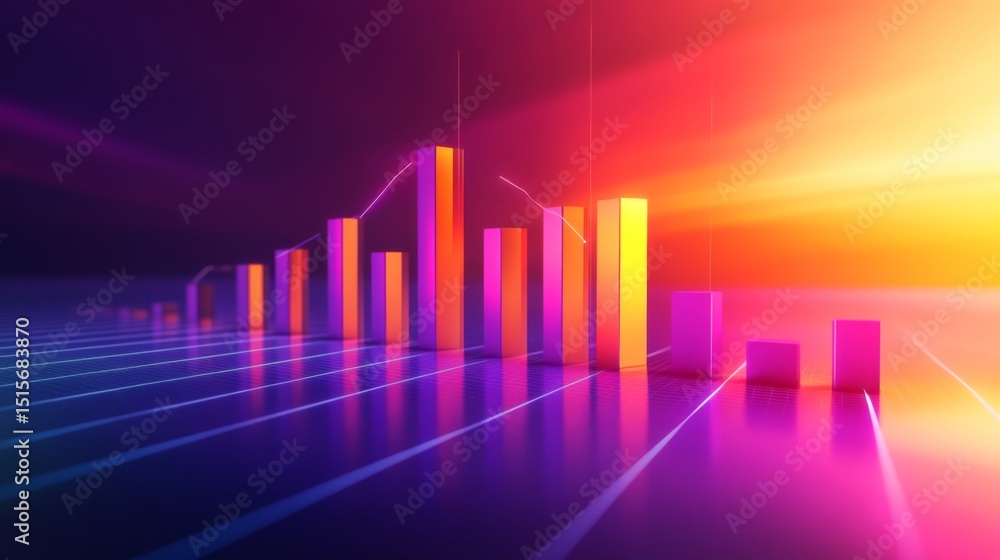 Poster a d bar chart with rising, metallic bars in gradient shades, symbolizing growth and performance in a