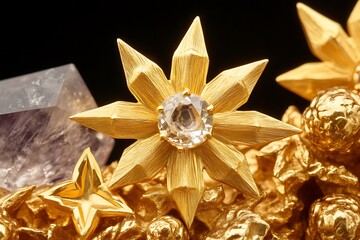 Elaborate golden floral jewelry with gemstone accents, luxurious crafted details