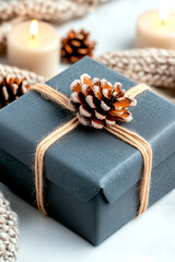 Blue box with pine cones on it is sitting on a table. The pine cones are lit up, creating a warm and cozy atmosphere. The box is wrapped in brown twine, adding a rustic touch to the scene