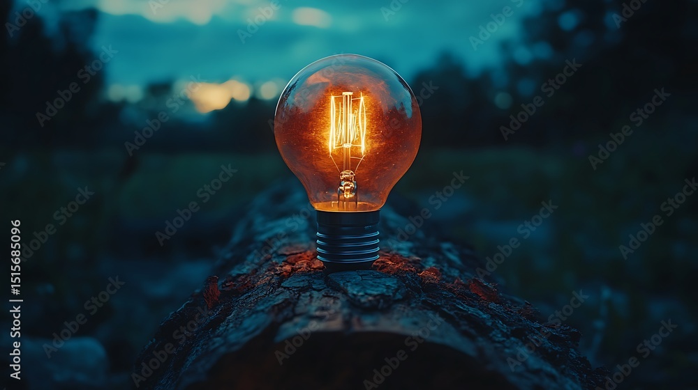 Poster illuminated bulb resting on rustic wood, casting warm light in twilight environment