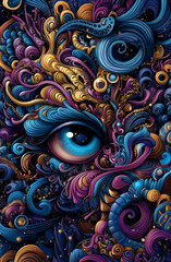Colorful, abstract painting of a face with a large, blue eye. The painting is full of swirls and patterns, giving it a dreamy, otherworldly feel. The eye is the focal point of the painting