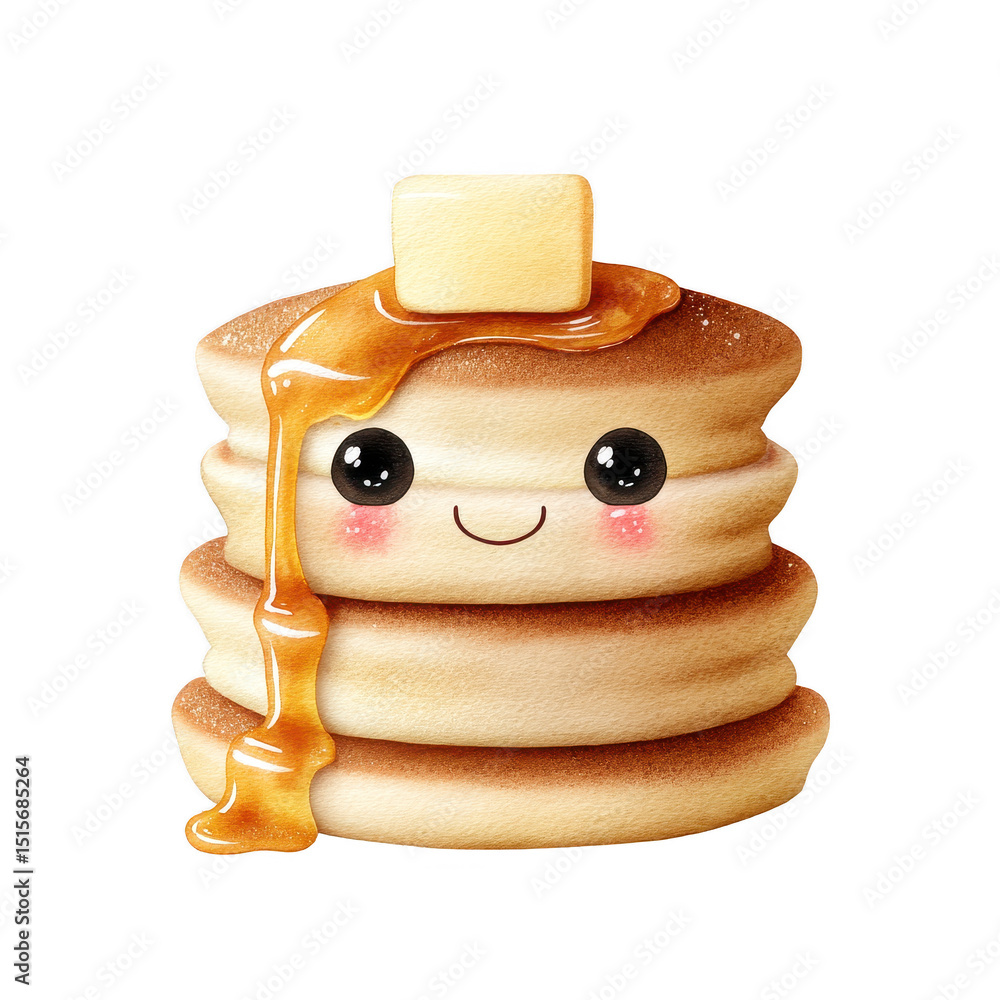 Poster Cute stack of pancakes with smiling face topped with butter and dripping syrup in soft watercolor style