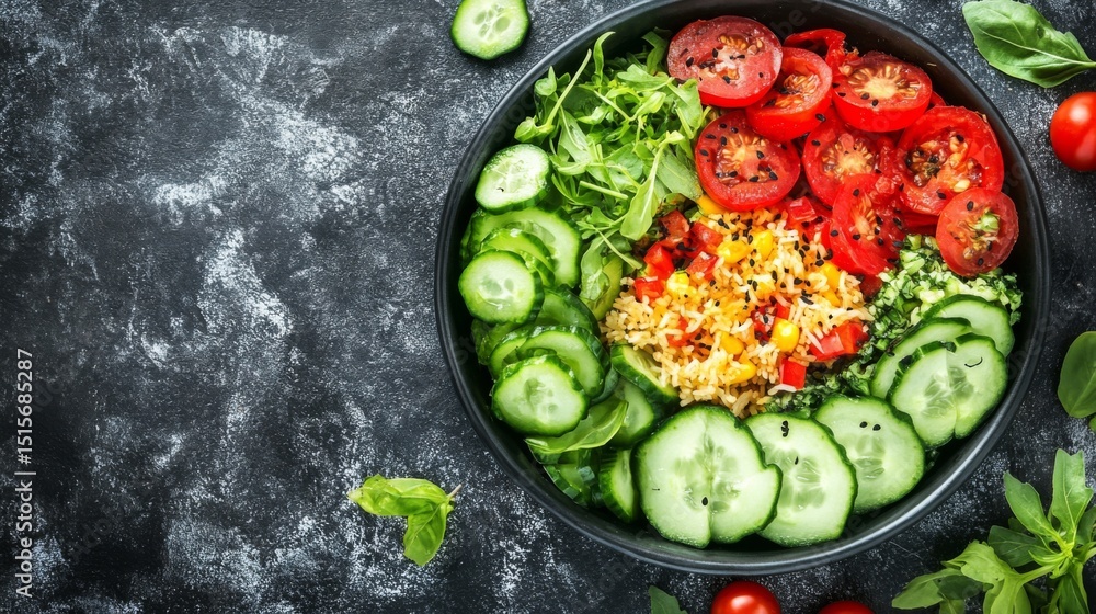 Poster A beautiful overhead view of a bowl of fried rice with various toppings, including sliced cucumber and tomatoes, creating a colorful and inviting composition.