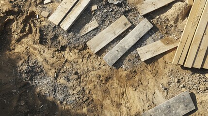 Construction site debris on sandy ground