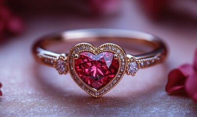 Naklejka premium Delicate heart-shaped ruby ring with diamond accents.