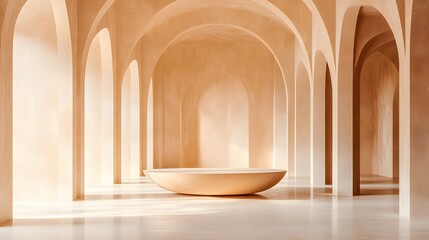 Obraz premium Light-filled interior with arched hallways and a smooth, light-brown bowl-shaped object.