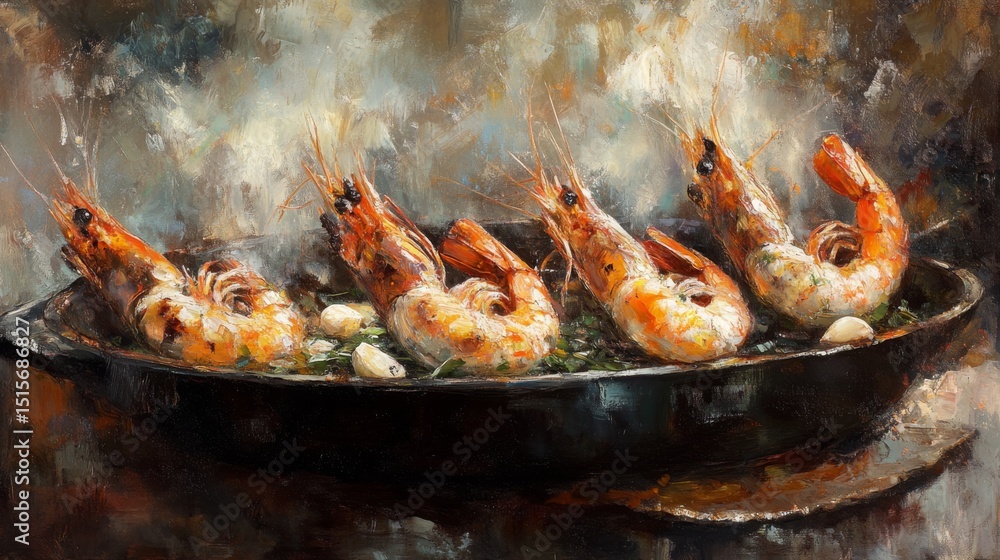 Poster a captivating image of grilled shrimp sizzling in a cast-iron skillet, with fresh garlic and herbs, 