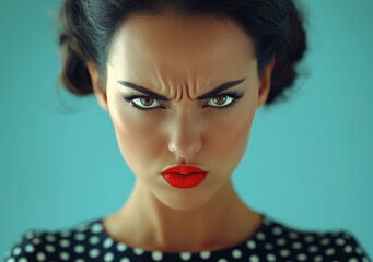 Woman with red lipstick and a red nose is staring at the camera with a frown on her face