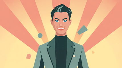 Flat Design Illustration of a Charming Man Radiating Confidence with Retro Rays and Playful Geometric Accents