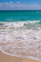 Sea waves. Summer background. Ocean water motion. Ocean splash wave background. Deep blue sea beach. Turquoise wave background. Dreamy exotic sea beach background. Ocean banner.