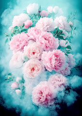 Bouquet of pink flowers is floating in the air, surrounded by a blue mist. The flowers are delicate and beautiful, with a sense of ethereal grace. The blue mist adds a dreamy