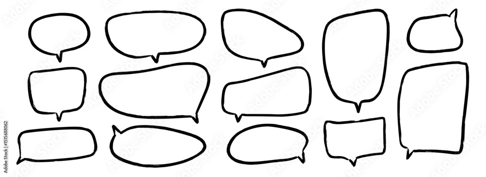 Poster Hand drawn speech bubbles collection. Doodled marker dialog box set. Sketched textured comic talk frames. Round, square or rectangle balloon text box bundle. Vector felt tip pen chat cloud pack