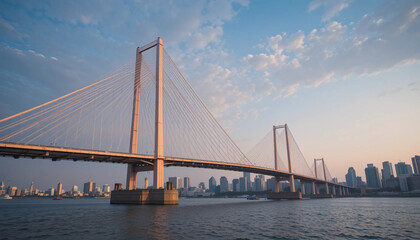 Obraz premium Modern Cable Stayed Bridge Over Water with City Skyline at Sunset